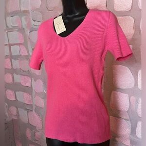 NWT WOMEN’S SHORT SLEEVE  RIBBED KNIT V NECK CARDIGAN TOP SIZE L PINK